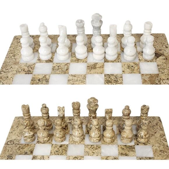 Marble Chess Pieces Only with Storage Tray Coral & White Handmade Gift New - Picture 2 of 8